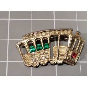 Vtg San Francisco Cable Car Trolly Pin w/ Clear Red Green Rhinestones Gold-Tone